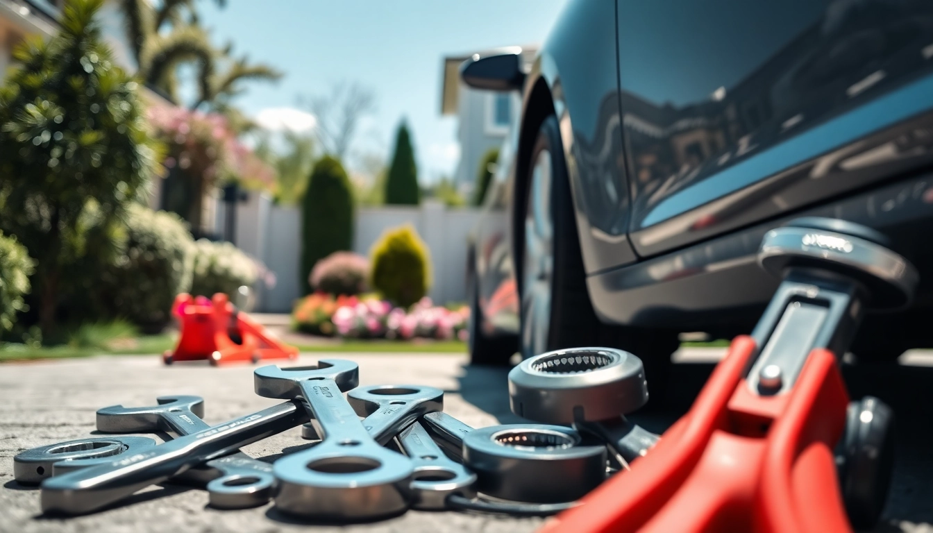 Expertly executing mobile car repair in a residential setting, showcasing tools and a mechanic.