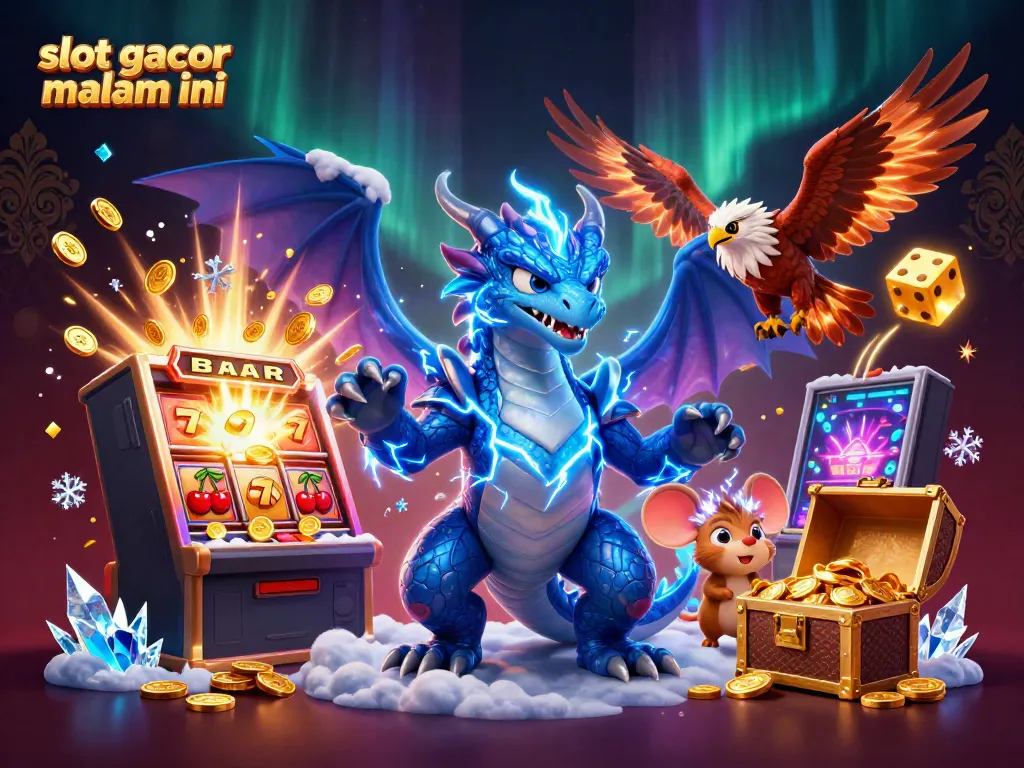 Slot gacor malam ini: ilustrasi petualangan dengan naga, elang, dan simbol keberuntungan dalam game kasino