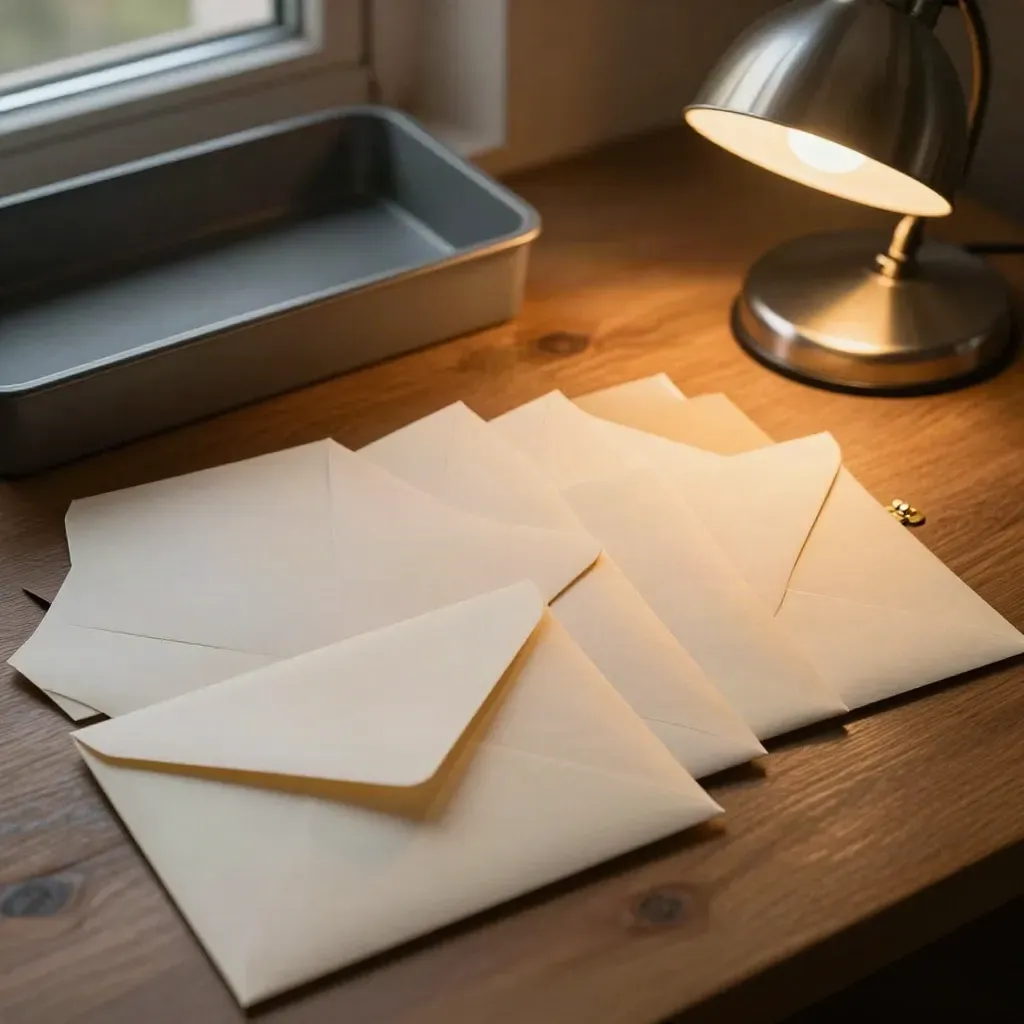 Flat lay of sealed envelopes, a reply tray, and a glowing desk lamp on brushed pewter.
