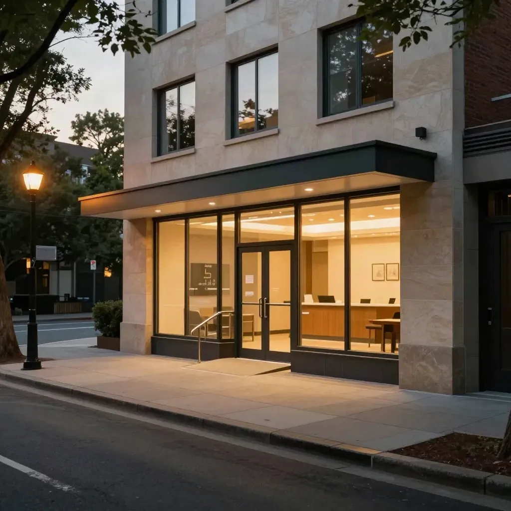 Lit clinic facade at dusk across the street, warm windows glowing through humid haze