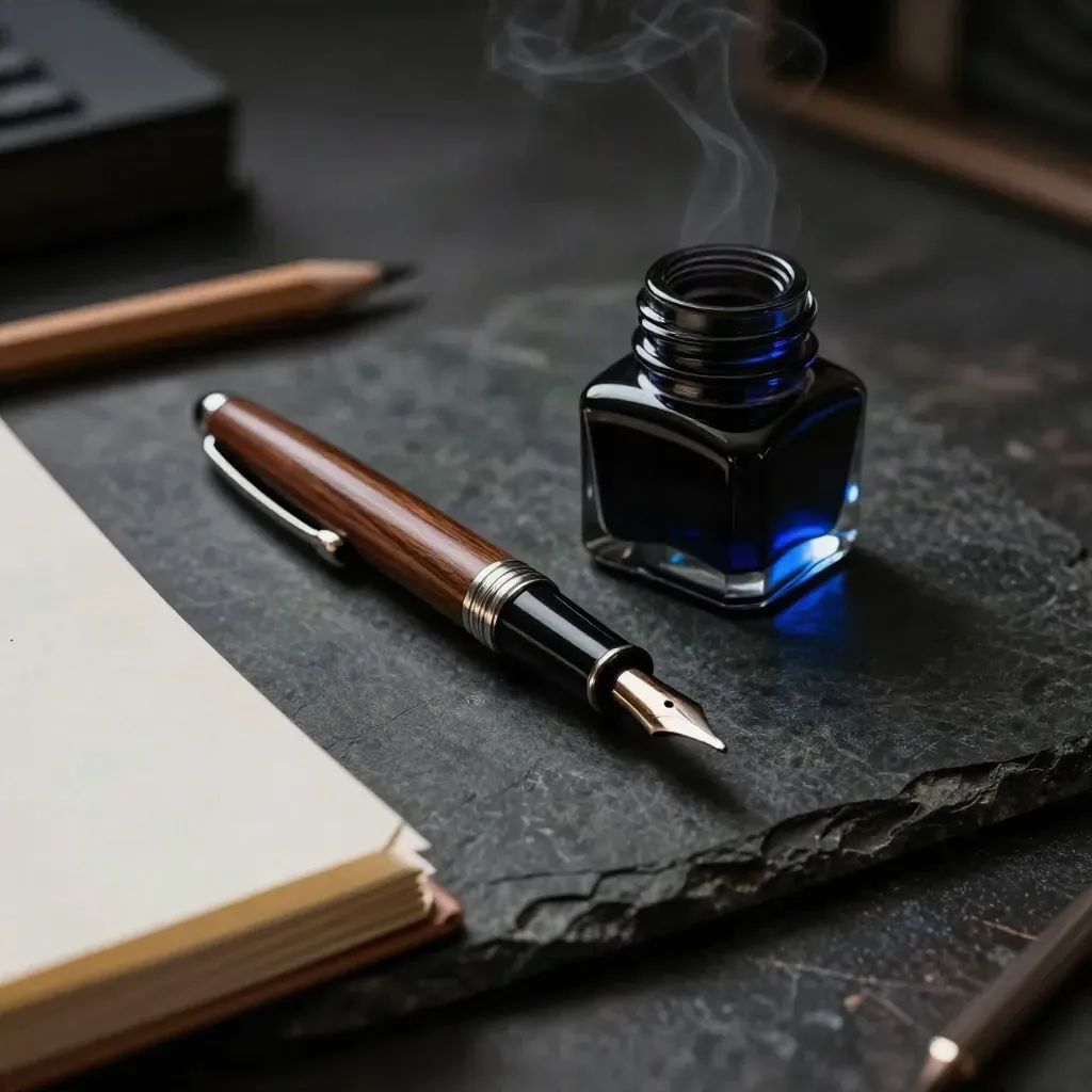 Fountain pen, ink bottle, pencil, and manuscript sleeve on dark stone in dramatic studio light.
