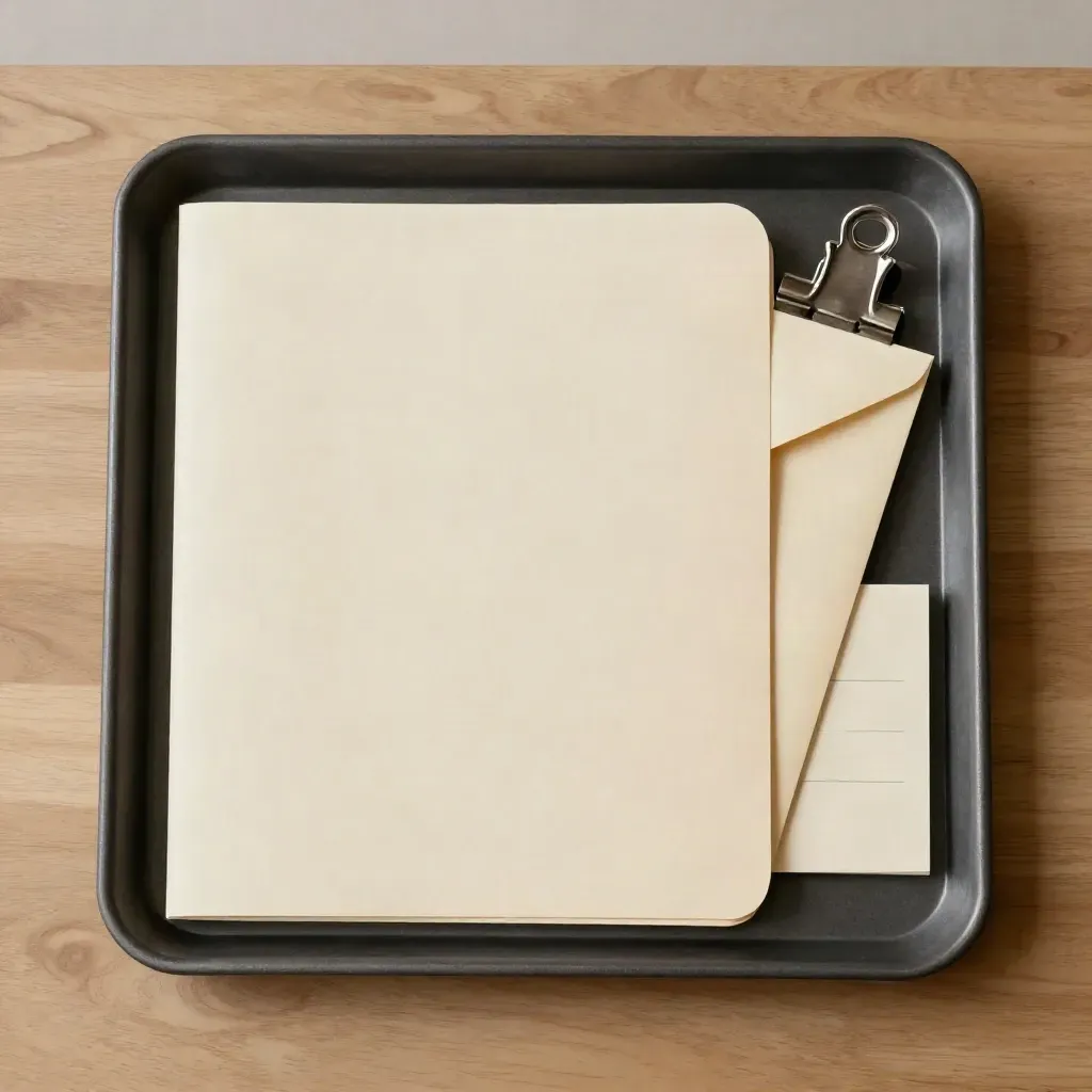 Top-down brief pack on a matte tray: folder, envelope, cards and clip in soft daylight.