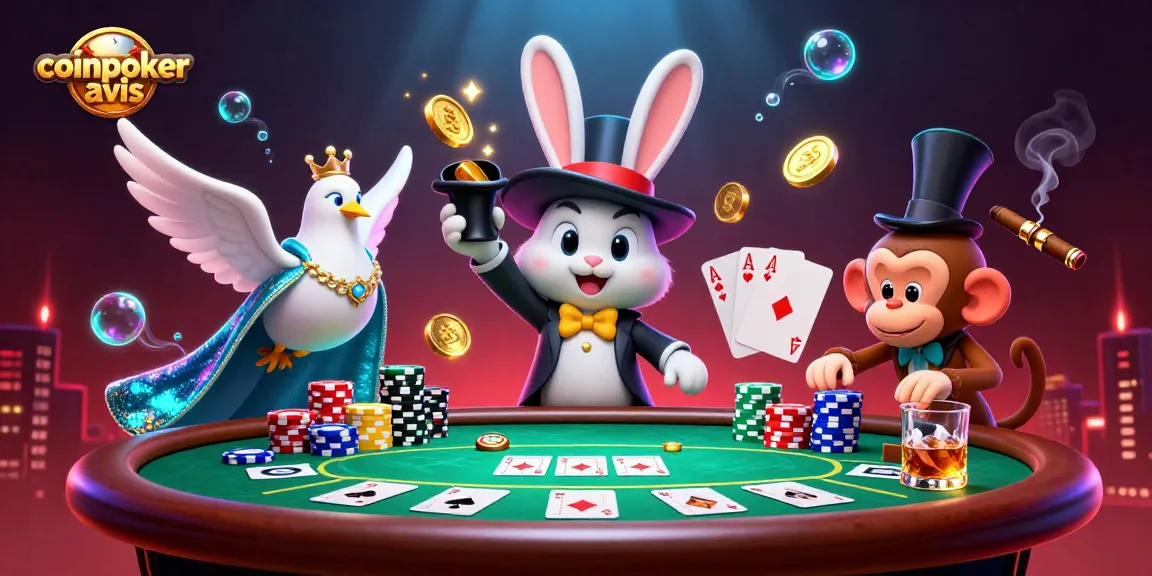 Avis sur CoinPoker : un magicien et ses amis à la table, pièces et jetons autour.