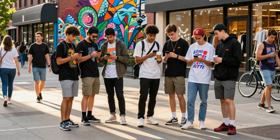 Fashionable urban scene featuring young adults engaging on shs-dome5.com in trendy outfits, vibrant city background.