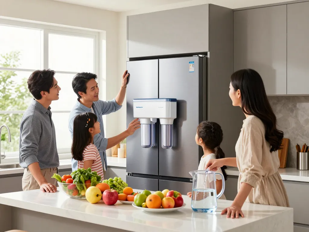 Family installing Waterdrop Plus RPWF Refrigerator Water Filter in a bright kitchen, promoting healthy living.