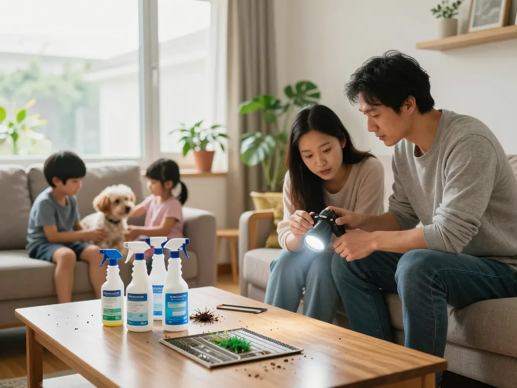 Pest control in action as a family inspects for pests in their home.