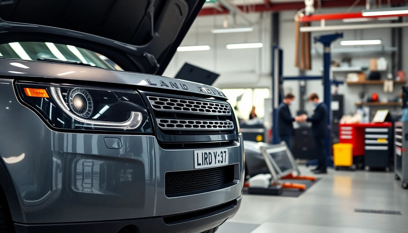 Showcasing Land Rover Service with a mechanic performing maintenance in a bright, organized garage.