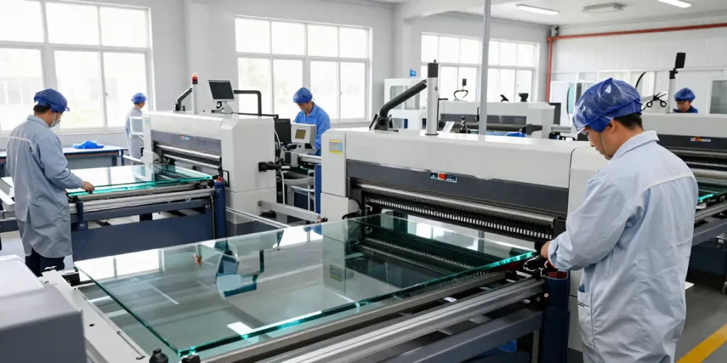Glass machine manufacturers operate advanced machinery in a modern facility.
