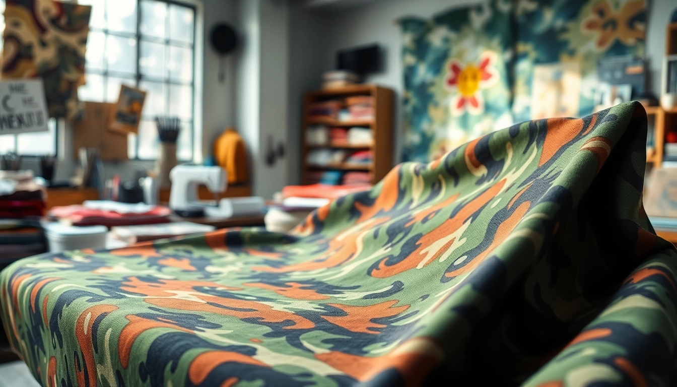 Gebruik van camouflage print stoffen in een creatieve textielomgeving voor mode en ontwerp.