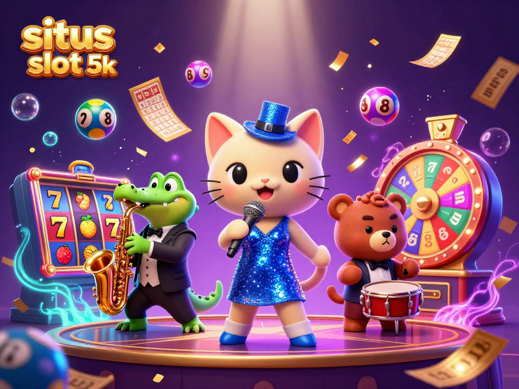 Engage with the thrilling atmosphere of situs slot 5k featuring a jazz-singer cat and vibrant casino elements.