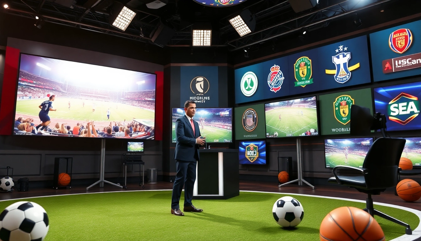 Dynamic sports broadcasting studio showcasing live game coverage with an analyst in action.