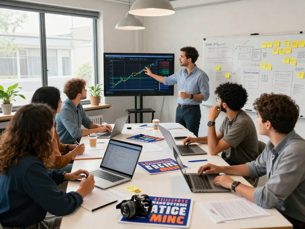 Engaged team strategizing for a political Facebook ads agency campaign in a modern workspace.