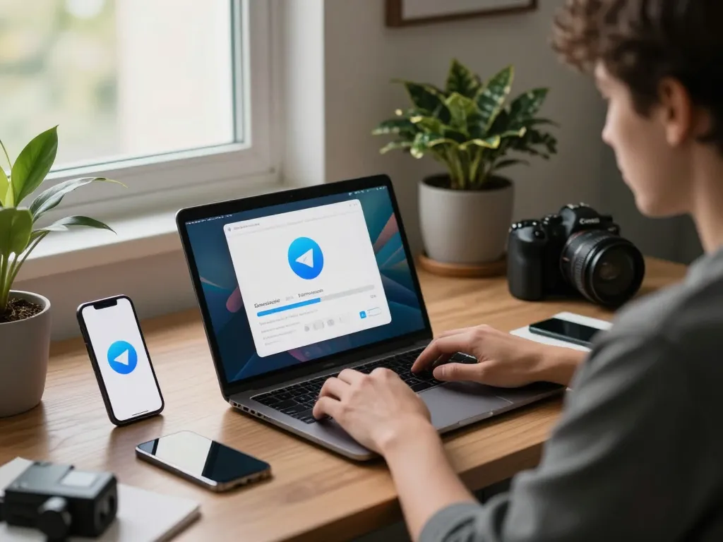 Streamlined workspace capturing telegram 下载 on MacBook with tech gadgets and ambient lighting.