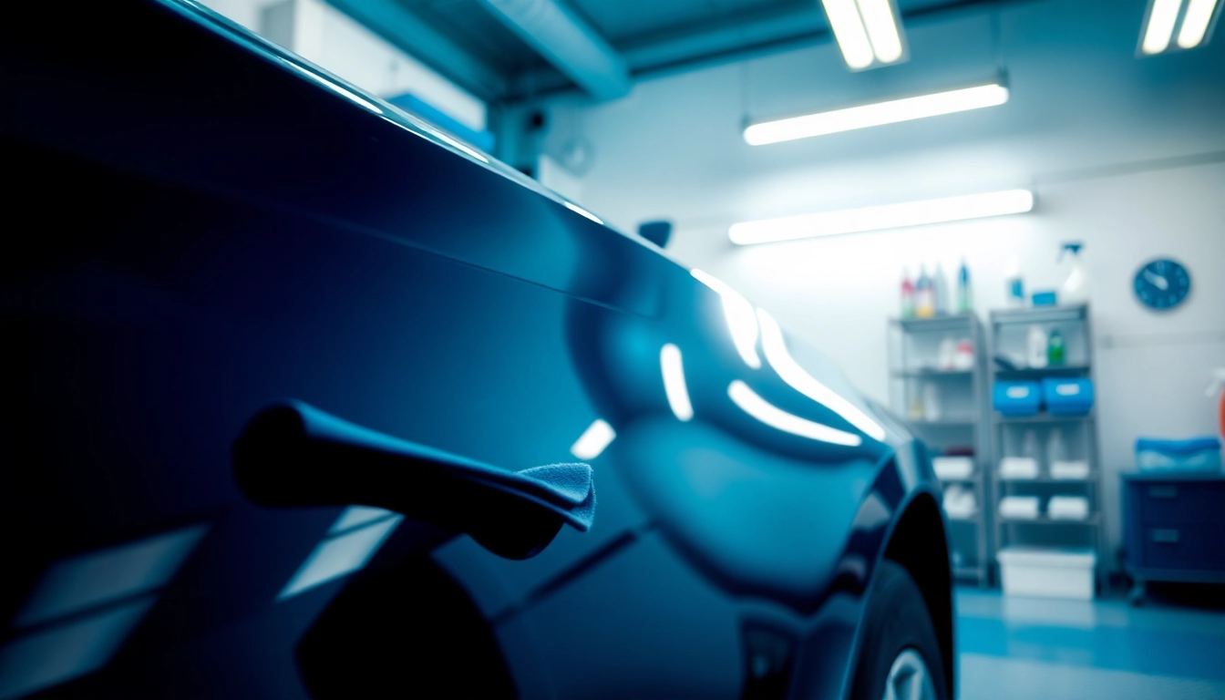 Car detailing near me showcasing a polished vehicle with professional tools and vibrant colors.