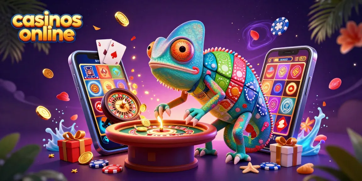 Los mejores casinos online: propietario del casino camaleón rodeado de juegos y premios.