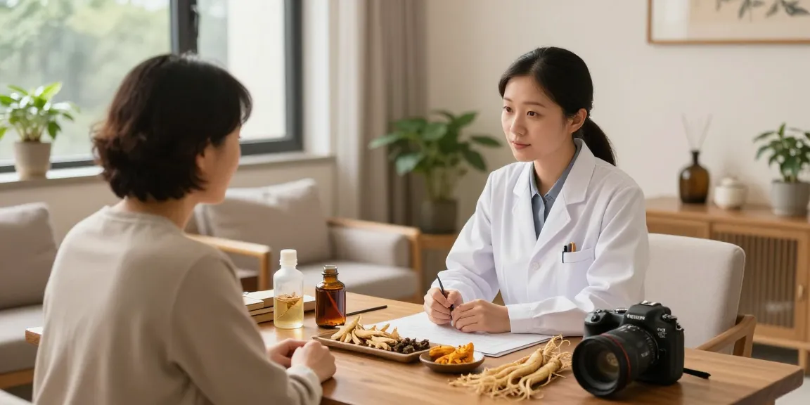 Consultation at 수원한의원 showcasing holistic healing environment with herbal remedies and attentive practitioners.