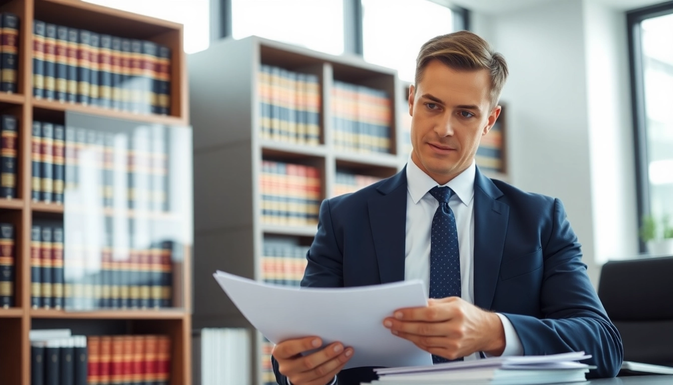 Legal Recoveries expert assessing case documents in a bright office.