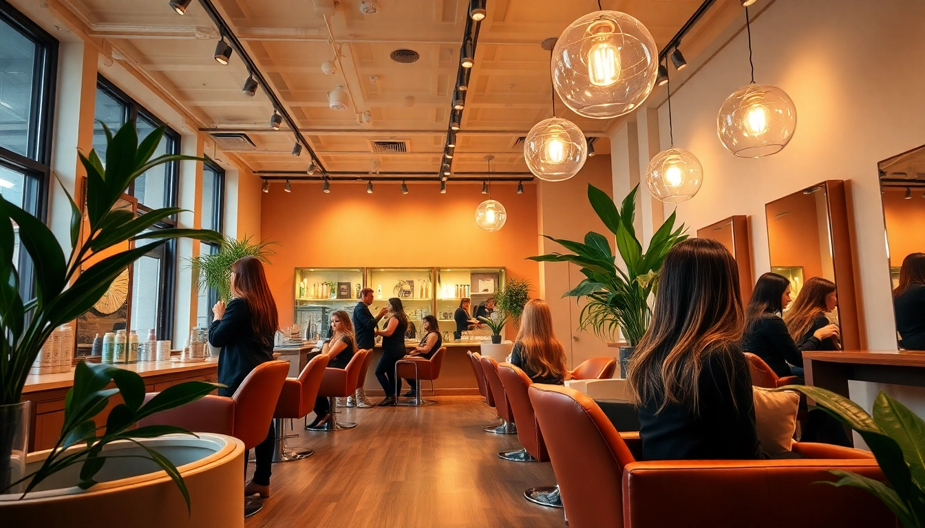Hair salon San Diego interior with stylists and clients, showcasing vibrant hair services.