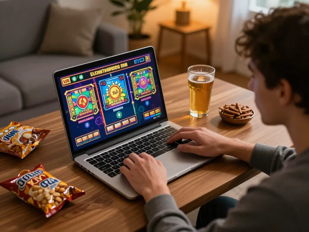 Engaging in online เว็บตรง gaming on a laptop, showcasing vibrant slots and snacks in cozy home setting.