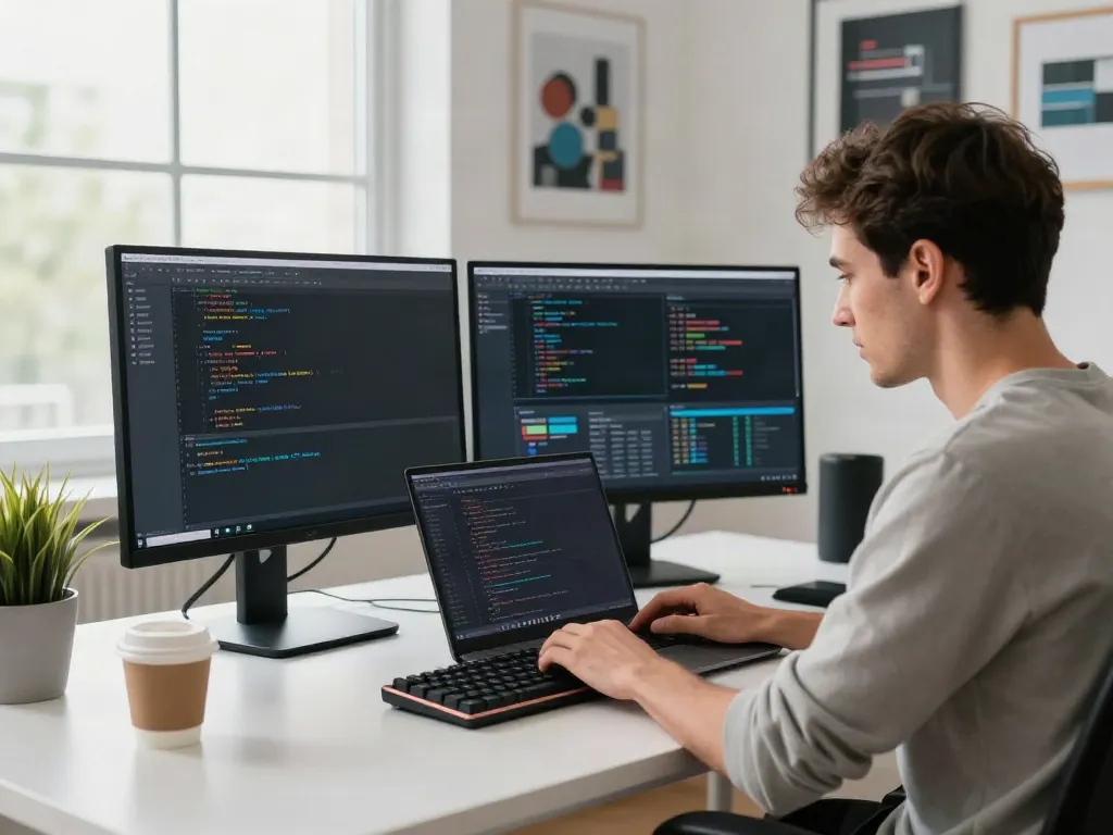 Developer coding at a modern workspace, highlighting v2rayN官网 in a productive environment.