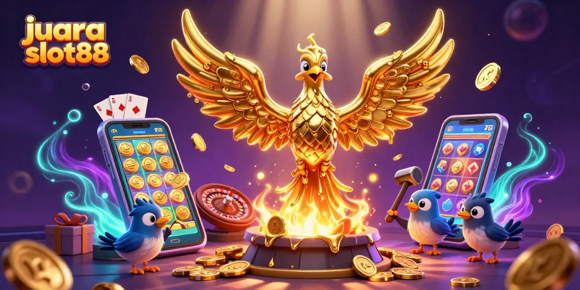 Menangkan jackpot dengan juara slot88, ilustrasi slot yang menampilkan phoenix emas dan elemen permainan yang dinamis.