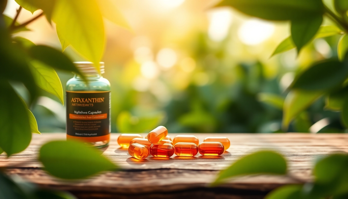 Showcasing astaxanthin antioxidant capsules among vibrant green leaves, symbolizing health.
