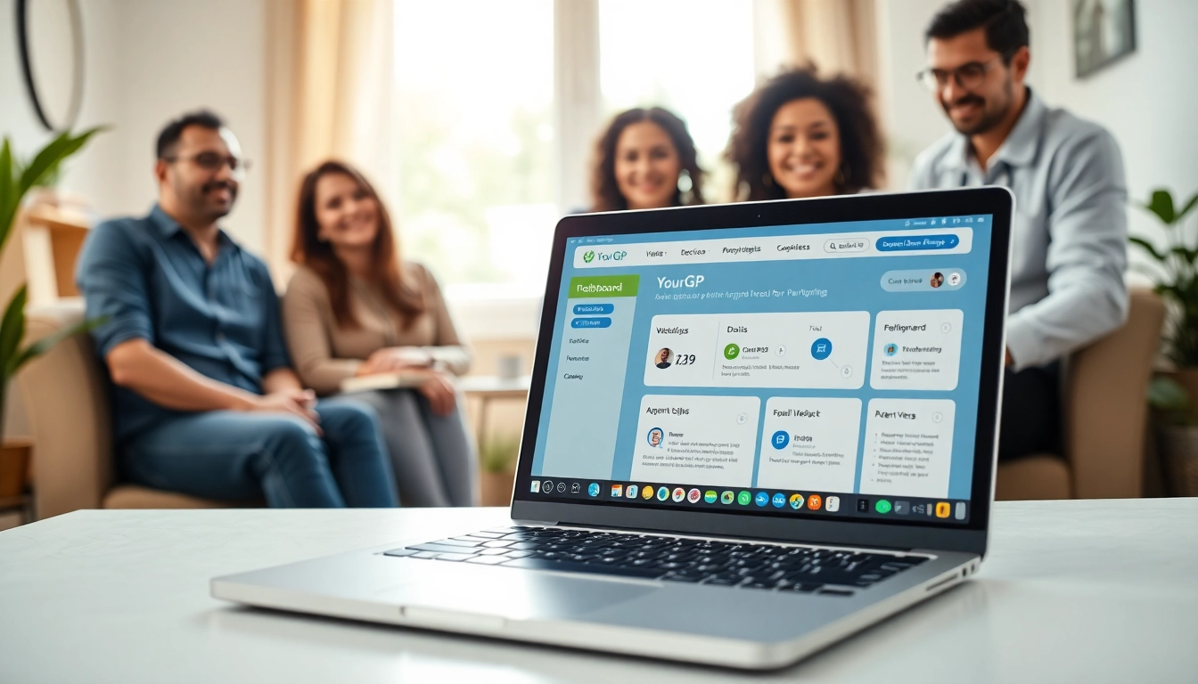 YourGP digital healthcare service interface with diverse individuals engaging in telemedicine.