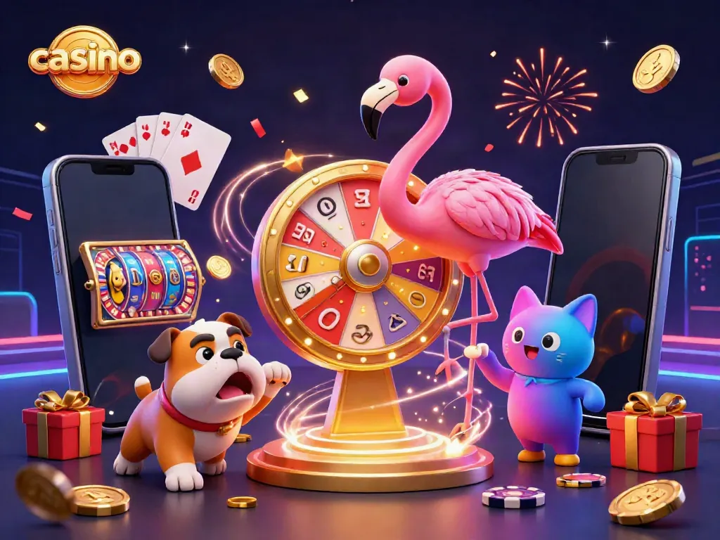Experience thrilling casino excitement with a flamingo host and a bulldog contestant amidst spinning slot games and confetti.
