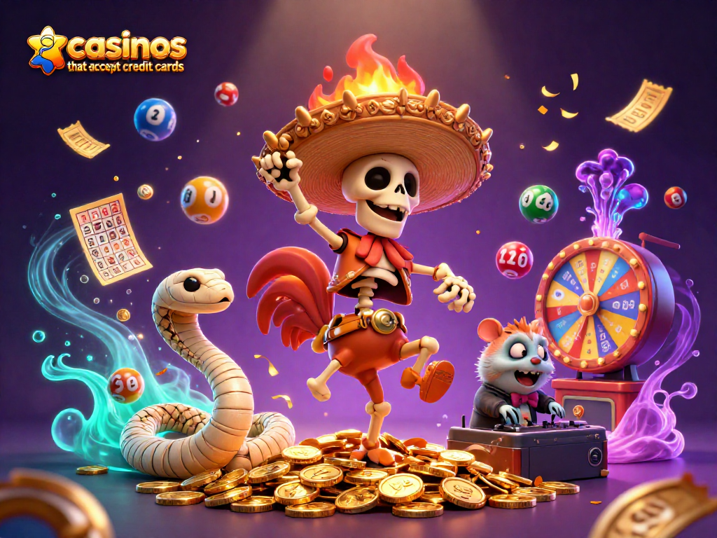 Experience thrilling adventures at casinos that accept credit cards with vibrant characters, colorful lottery balls, and fun game elements!