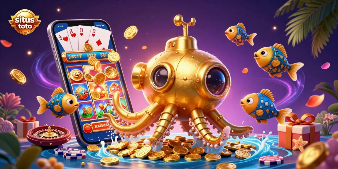 Splash into situs toto with a kraken submarine amidst golden coins, vibrant slot game symbols, and casino excitement.