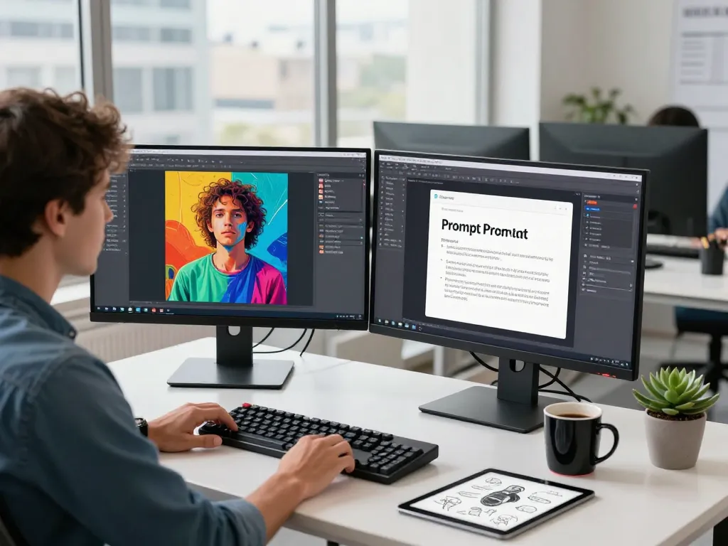 AI developer using an image to prompt generator in a modern office environment.