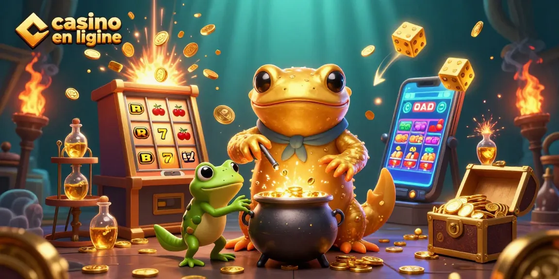 Jouez sur un casino en ligne avec une illustration de magie alchimique et de jackpots.