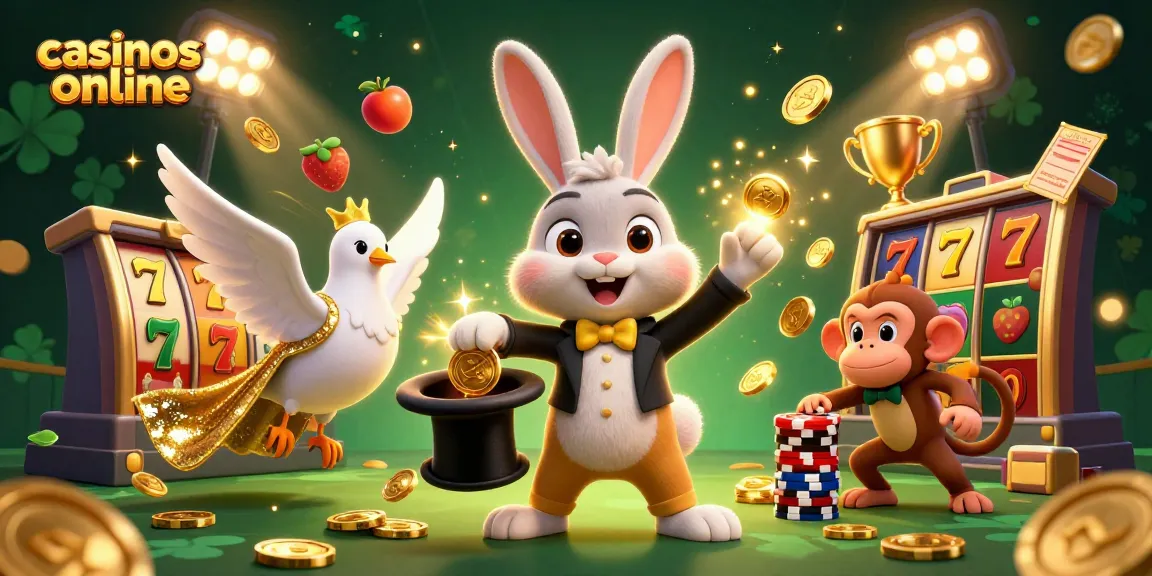 Vive la emoción en los casinos online mientras el conejo mágico revela monedas doradas en una escena vibrante de juego.