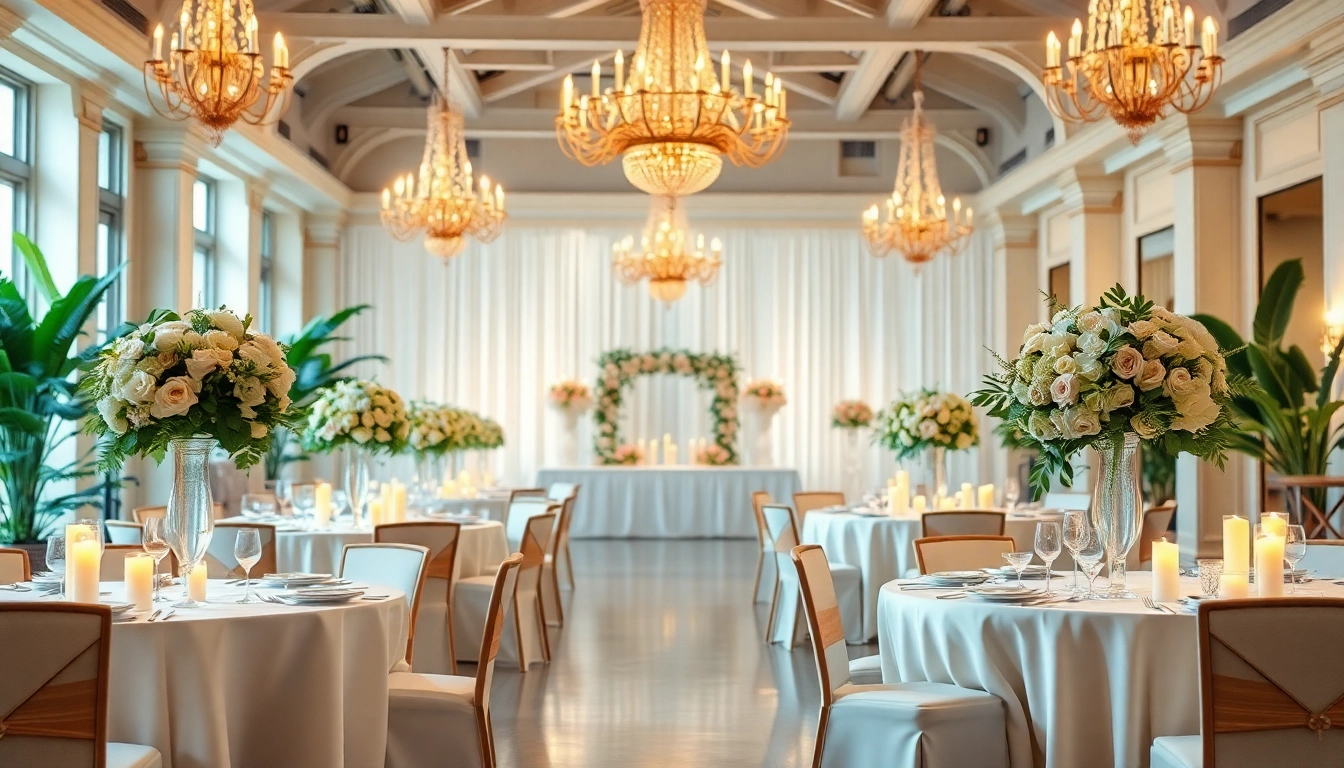 Showcase a stunning Wedding Event Space Jacksonville featuring elegant decorations and vibrant ambiance.