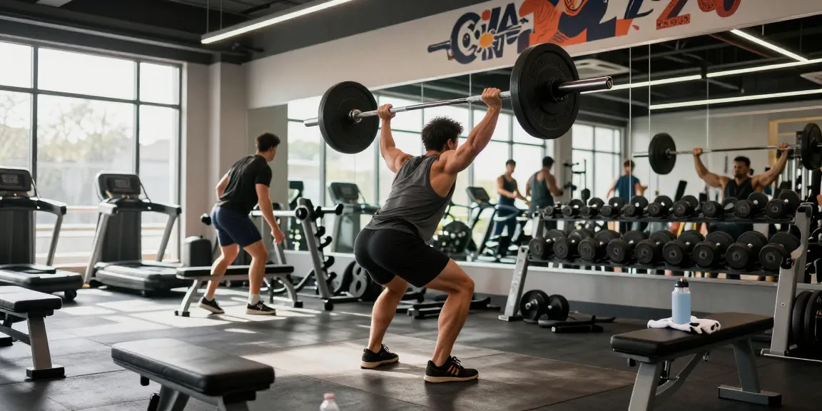 Strong individual lifting weights in a vibrant gym, embodying the Driada Medical Shop lifestyle of fitness and wellness.