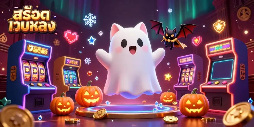 Experience สล็อตเว็บตรง excitement with a vibrant casino scene, featuring playful characters and glowing gaming elements.