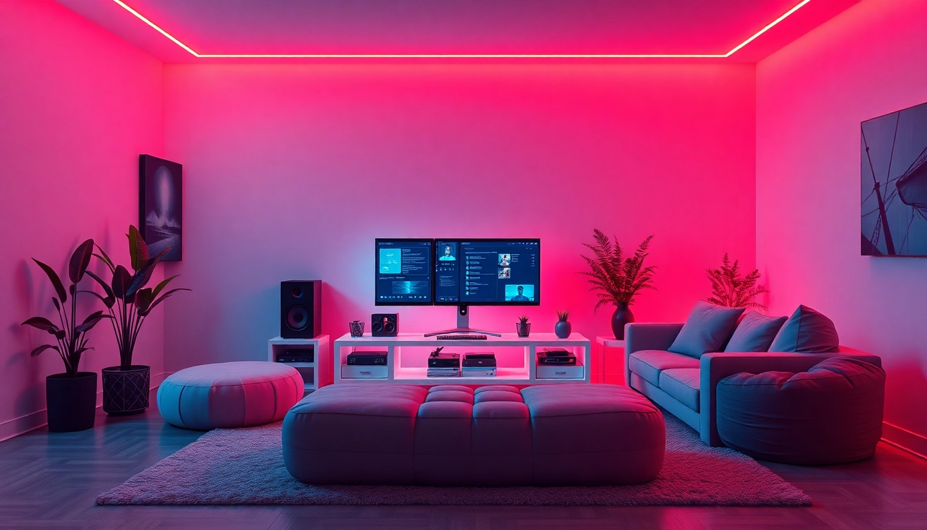 Immersive living room for engaging with a nsfw ai chatbot, featuring modern tech and inviting ambiance.