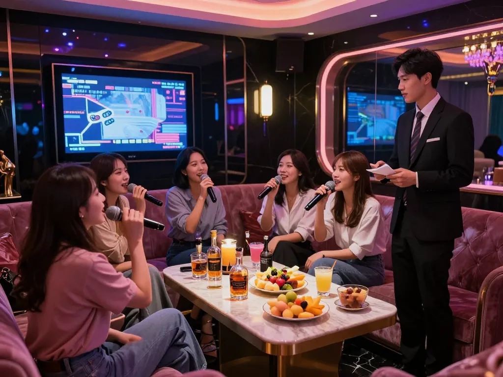 Enjoying a luxurious night out at 강남 가라오케 with friends, featuring vibrant lighting and premium drinks.