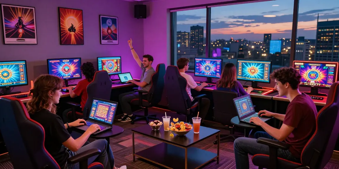 exciting gaming session at credit card casinos at https://eatm.org.uk with friends using laptops and colorful screens