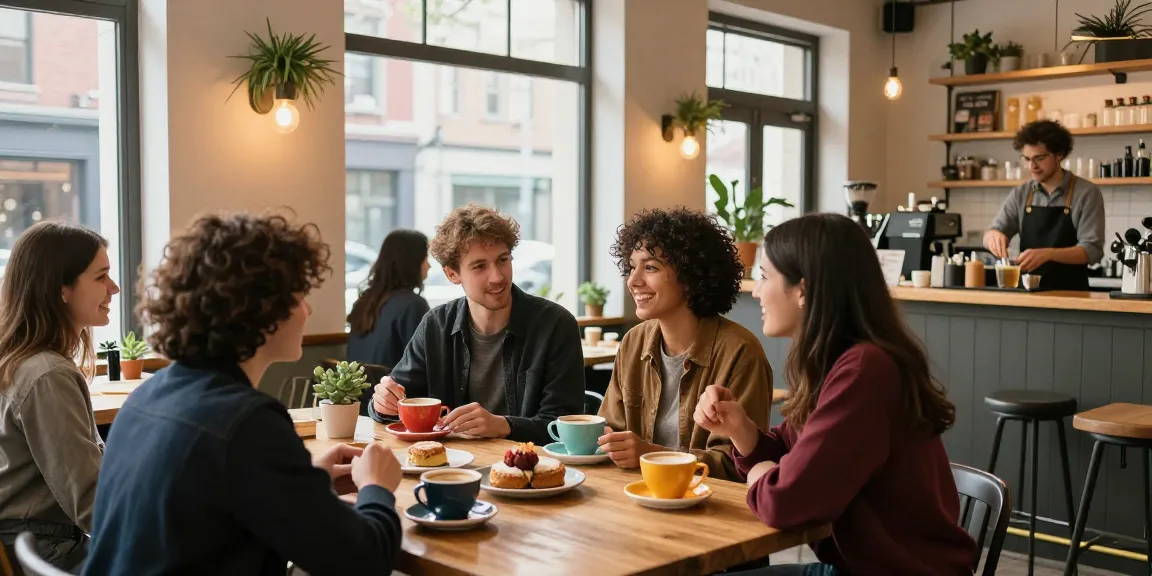 Friends enjoying coffee and pastries in a vibrant urban café at https://forumup.org/shop/search.php?ca_id=&addr1=&addr2=&addr3=&schKeyword= during lively conversation.