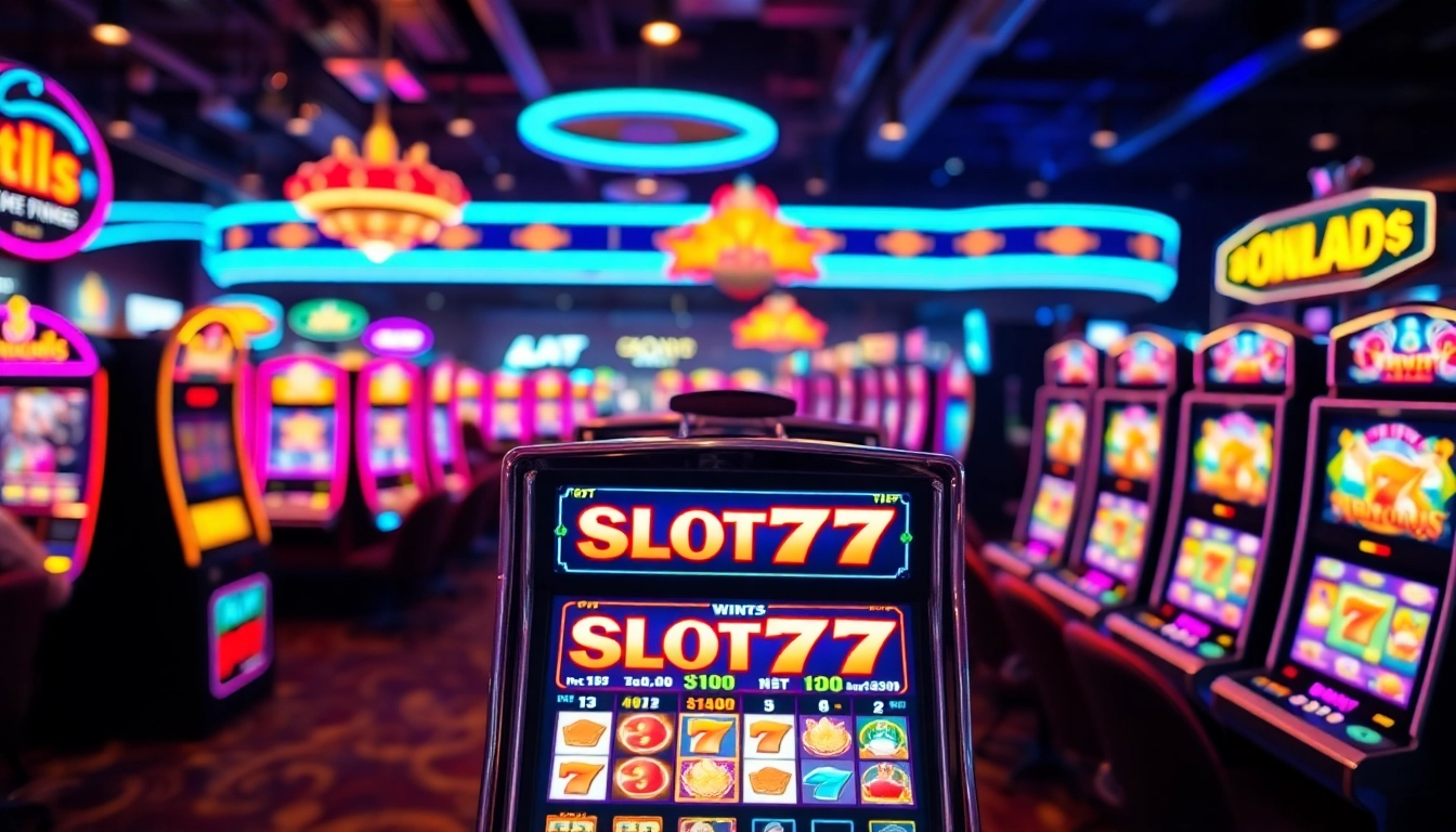 Bermain Slot77 di mesin slot berwarna-warni dan cerah dalam suasana kasino yang hidup.