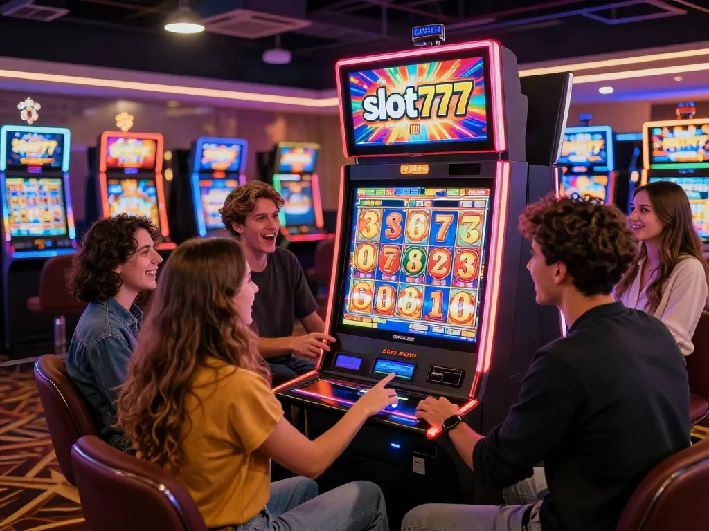 Teman-teman bersenang-senang bermain mesin slot777, menanti jackpot dengan suasana casino yang cerah.