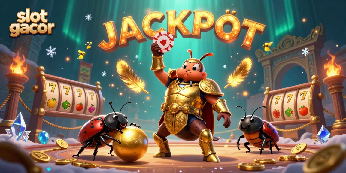 Experience the excitement of slot gacor with an illustrated scene featuring a heroic beetle, vibrant slot reels, and a celebratory atmosphere.