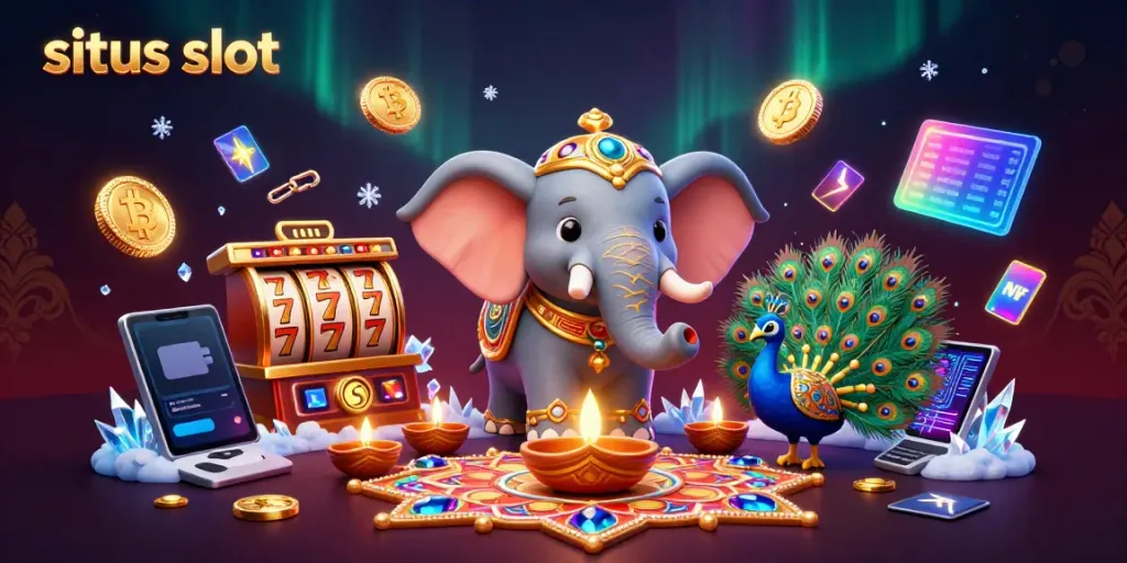Slot permainan dengan situs slot virtual menampilkan gajah diwali dan burung merak berwarna-warni.