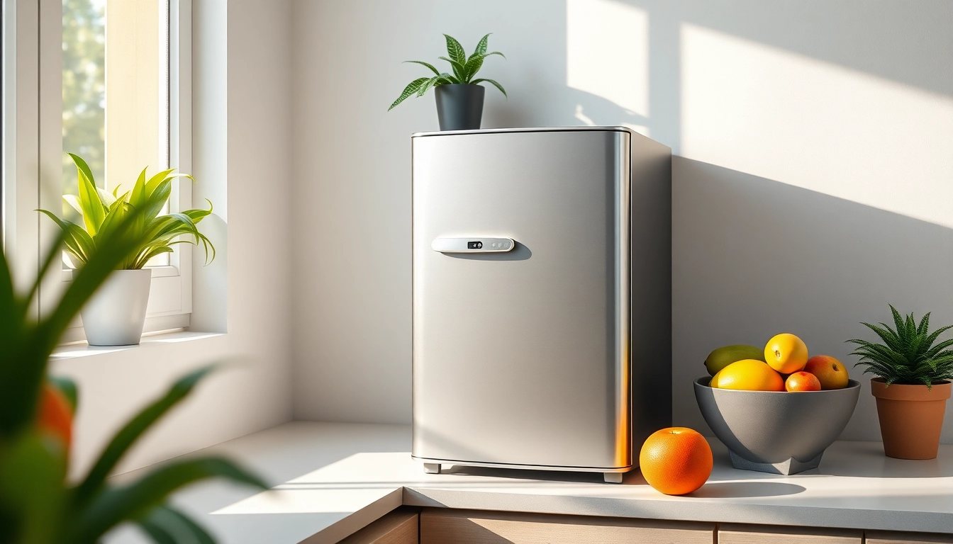 Spotlight on an affordable mini fridge and freezer amidst a vibrant kitchen with fresh fruits.