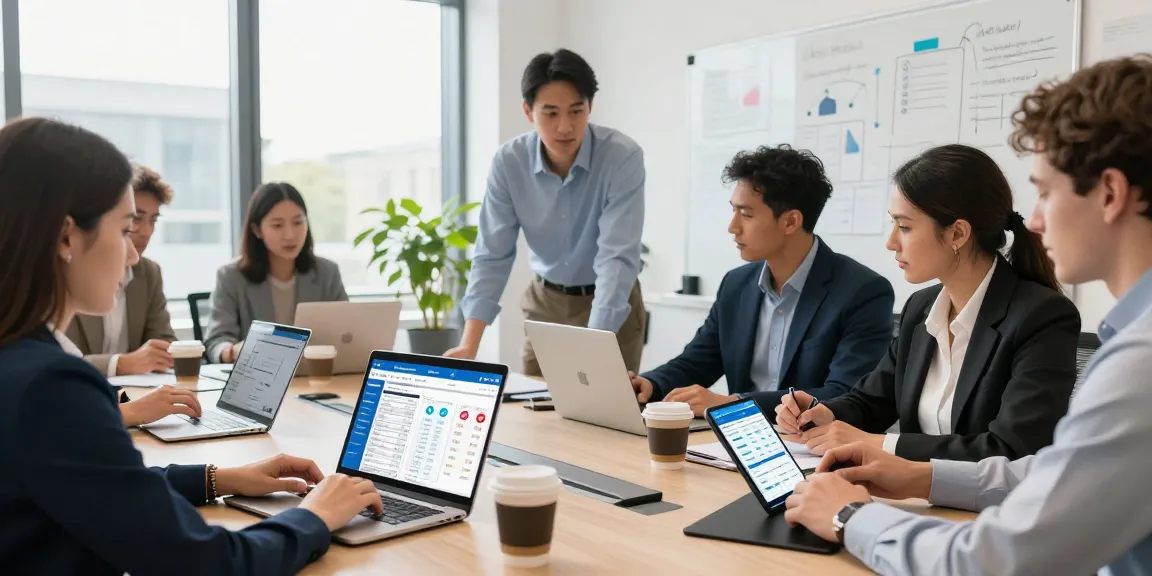 Compare business SIM only deals UK in a modern office meeting with professionals analyzing data.