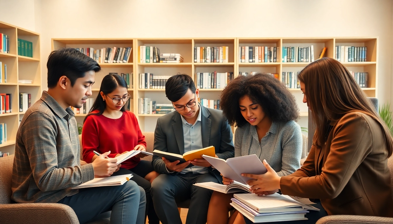 Focused toefl test takers for hire studying together in a bright office, showcasing diverse backgrounds.