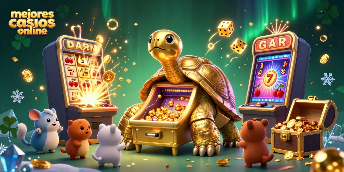 Mejores casinos online en una escena vibrante con tortuga de oro y tragamonedas explotando en monedas.