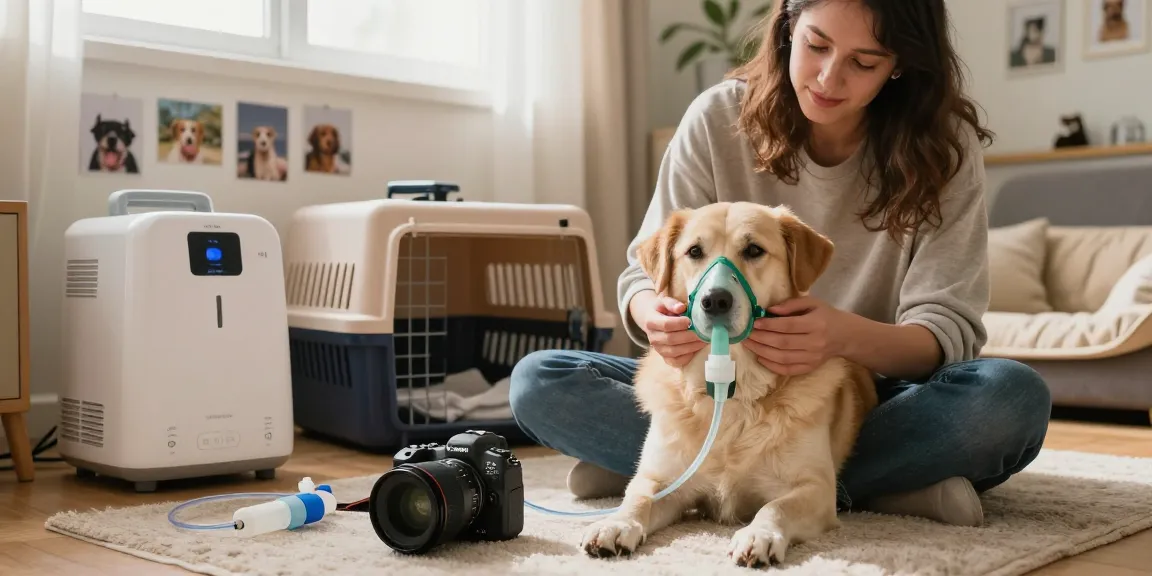 Pet oxygen equipment guide showcasing a caring pet owner using an oxygen mask on their dog at home.