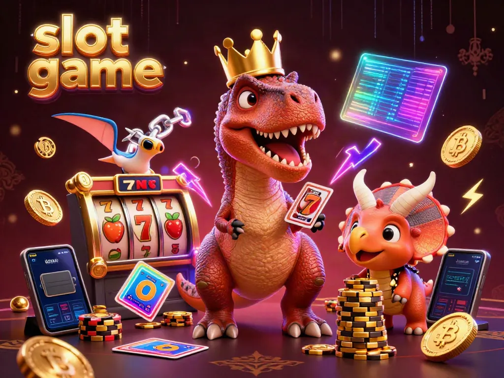 Experience thrilling slot games with a cartoon T-Rex shuffling cards and playful triceratops stacking chips.